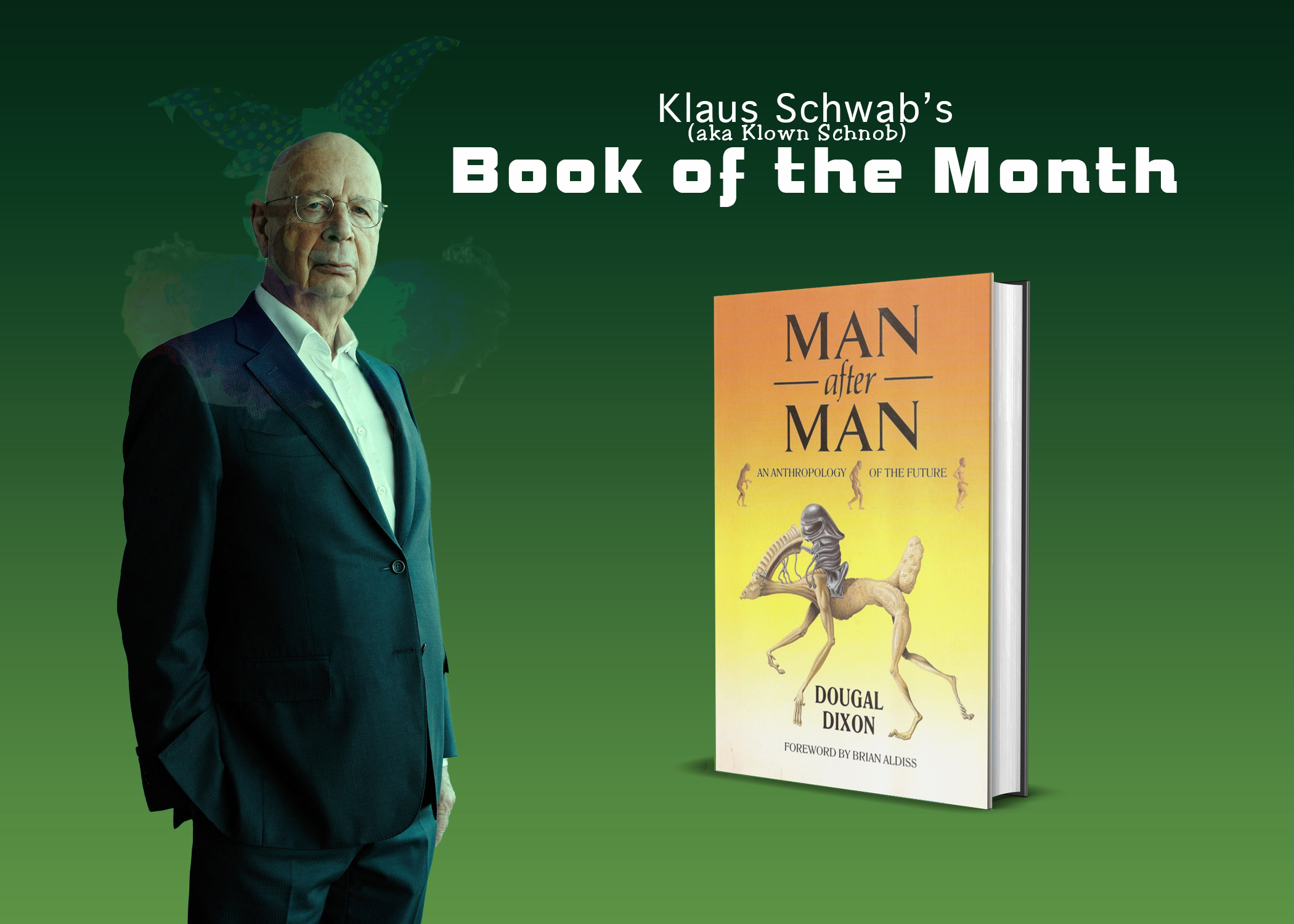 Klaus Schwab standing next to the book of the month: Man after Man